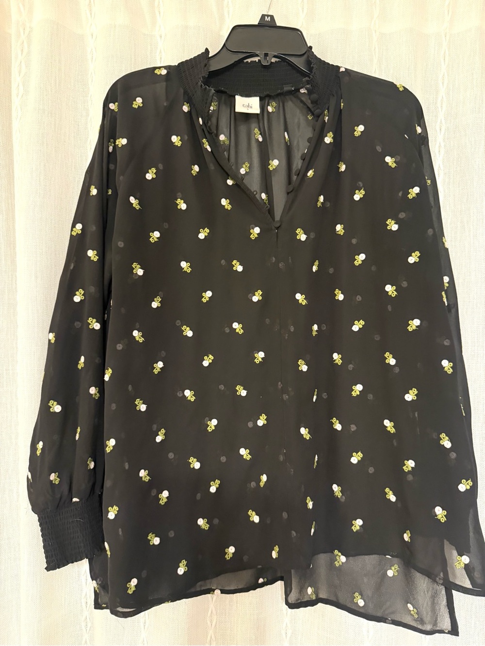 CAbi Women’s Sheer Black Floral Embroidered Blouse. Sz. S
